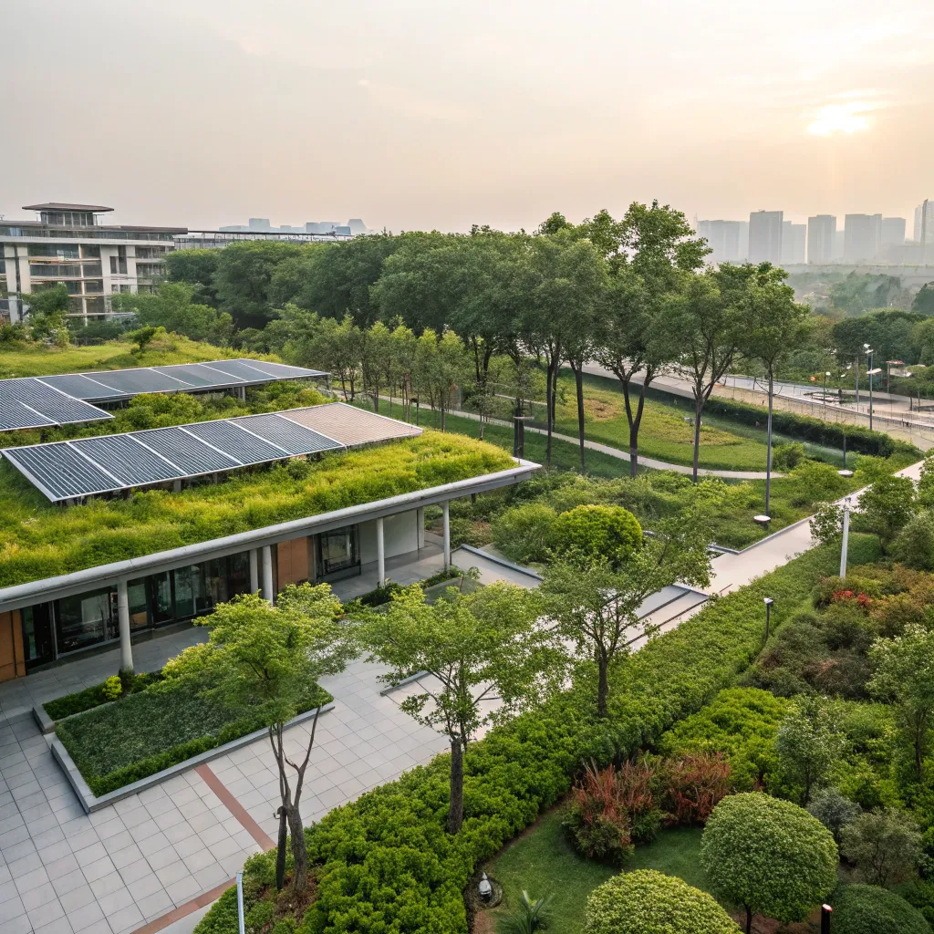 Eco-friendly Green Plaza with green rooftops and solar panels